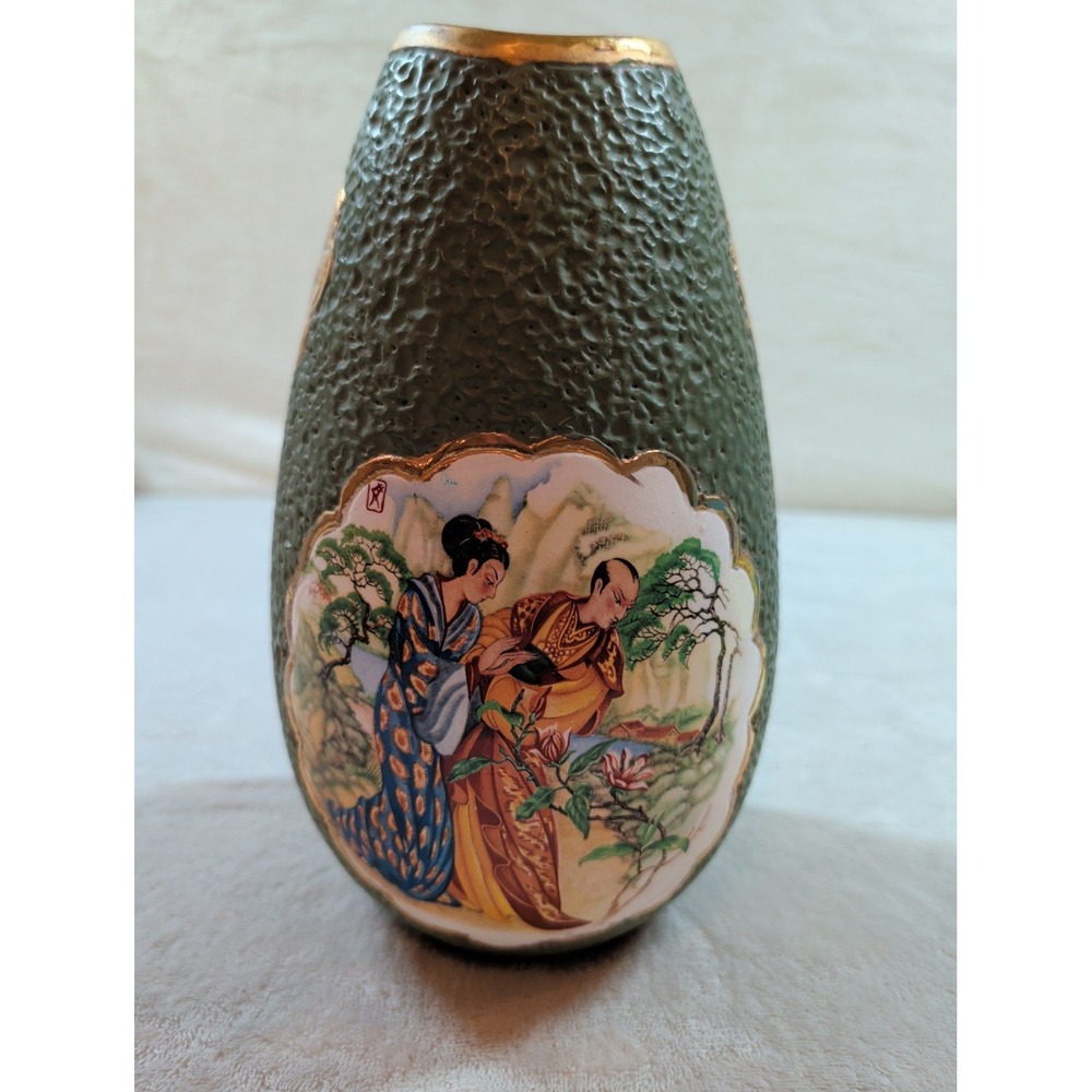 Vintage Japanese Satsuma Style Textured Green Lava Glaze Gilt Porcelain Vase - Picture 5 of 12